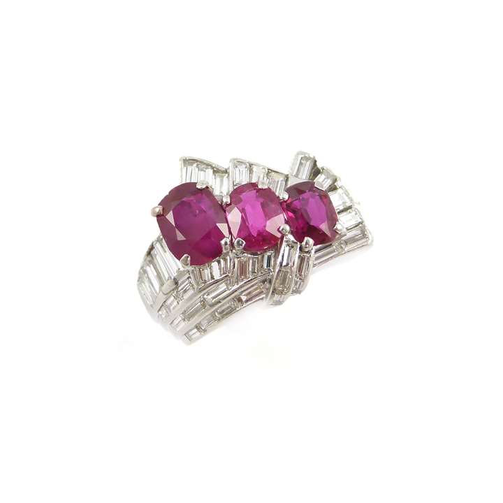 Late Art Deco three stone Burma ruby and baguette diamond cluster ring